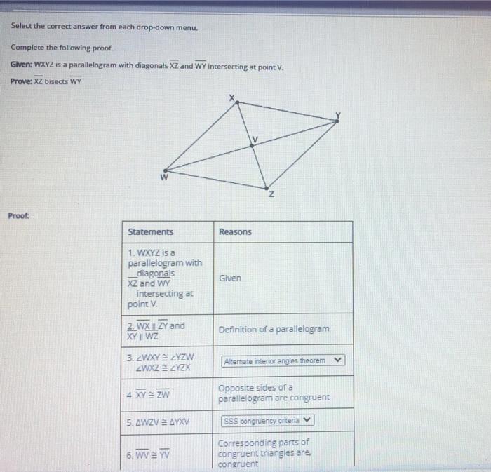 Diagonal wy parallelogram wq zx xz